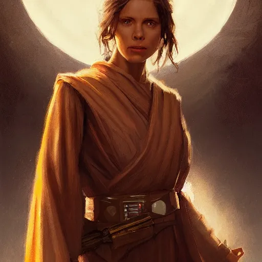 Image similar to portrait of a woman by greg rutkowski, jedi knight allana solo, straight brown hair, jedi robes, star wars expanded universe, she is about 2 0 years old, wearing jedi robes, highly detailed portrait, digital painting, artstation, concept art, smooth, sharp foccus ilustration, artstation hq