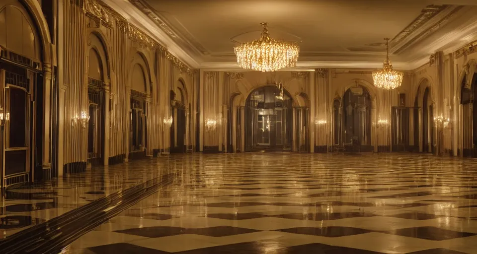 Image similar to an incredibly beautiful scene from a 2 0 2 2 marvel film featuring an art deco palace during a hurricane. recessed lights. large windows. lightning. golden hour. 8 k uhd.