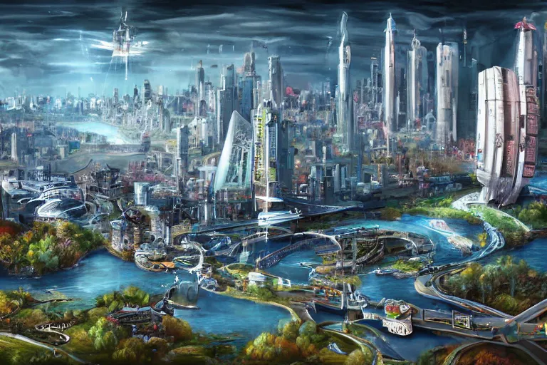 Image similar to city utopia with a river and spaceship.