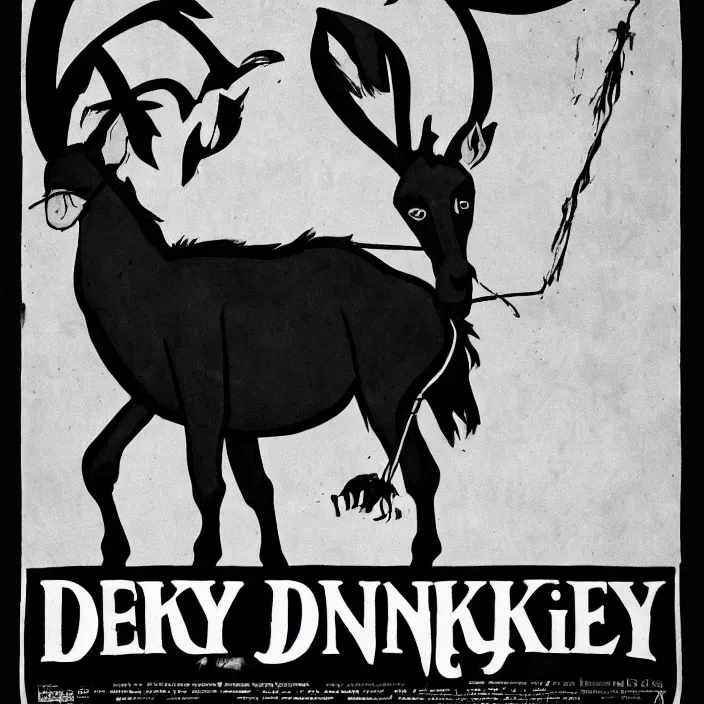 Prompt: 1 9 2 0 s horror movie poster of an evil donkey, dark atmosphere, minimalist, sharp focus, smooth, dramatic lighting, 8 k