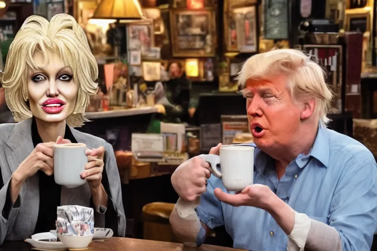 Image similar to Angelina Jolie, boris johnson, The Alien from the movie 'Alien', dolly parton, donald trump are best friends, drinking coffee at central perk, still photo, hyperrealistic, 35mm, 8k, by weta digital