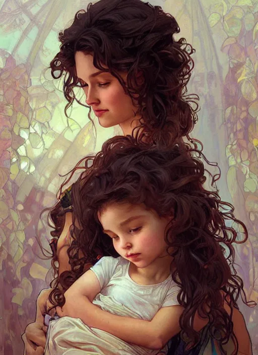 Prompt: a mother holding her daughter with curly brown hair, beautiful painting by artgerm and greg rutkowski and alphonse mucha