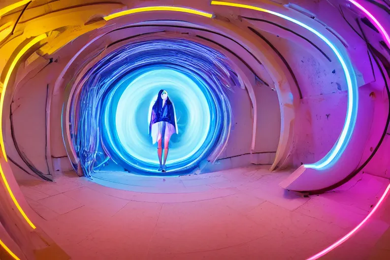 Prompt: A photograph of a female standing in a spiral shape interior space with an arched door glowing white at the end, neon colors,F3.5,ISO640,18mm,1/60,Canon EOS 90D.