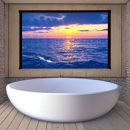 Image similar to a public bathroom floating in the middle of the ocean, sunset, beautiful, ultra realistic digital art, 4k, cgsociety, HDR, Intricate