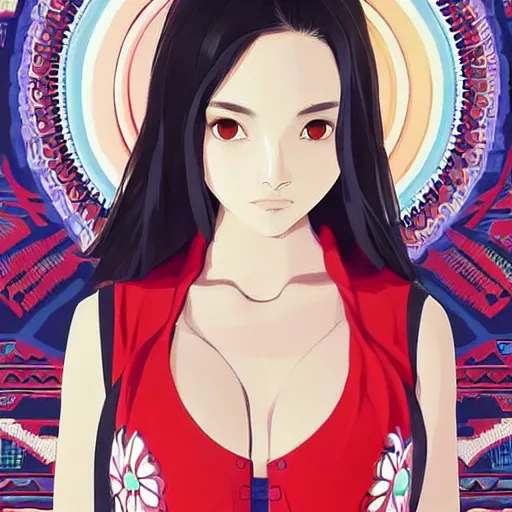 Image similar to a beautiful young japanese natalie portman alluring gravure model, stylized concept art, wearing elegant designer bomber jacket and one piece bikini, bomber jacket with mesoamerican patterns, mesoamerican native street fashion, princess mononoke, painted by ilya kuvshinov aesthetic, gorgeous, stunning, alluring, attractive, artstation, pinterest, digital art