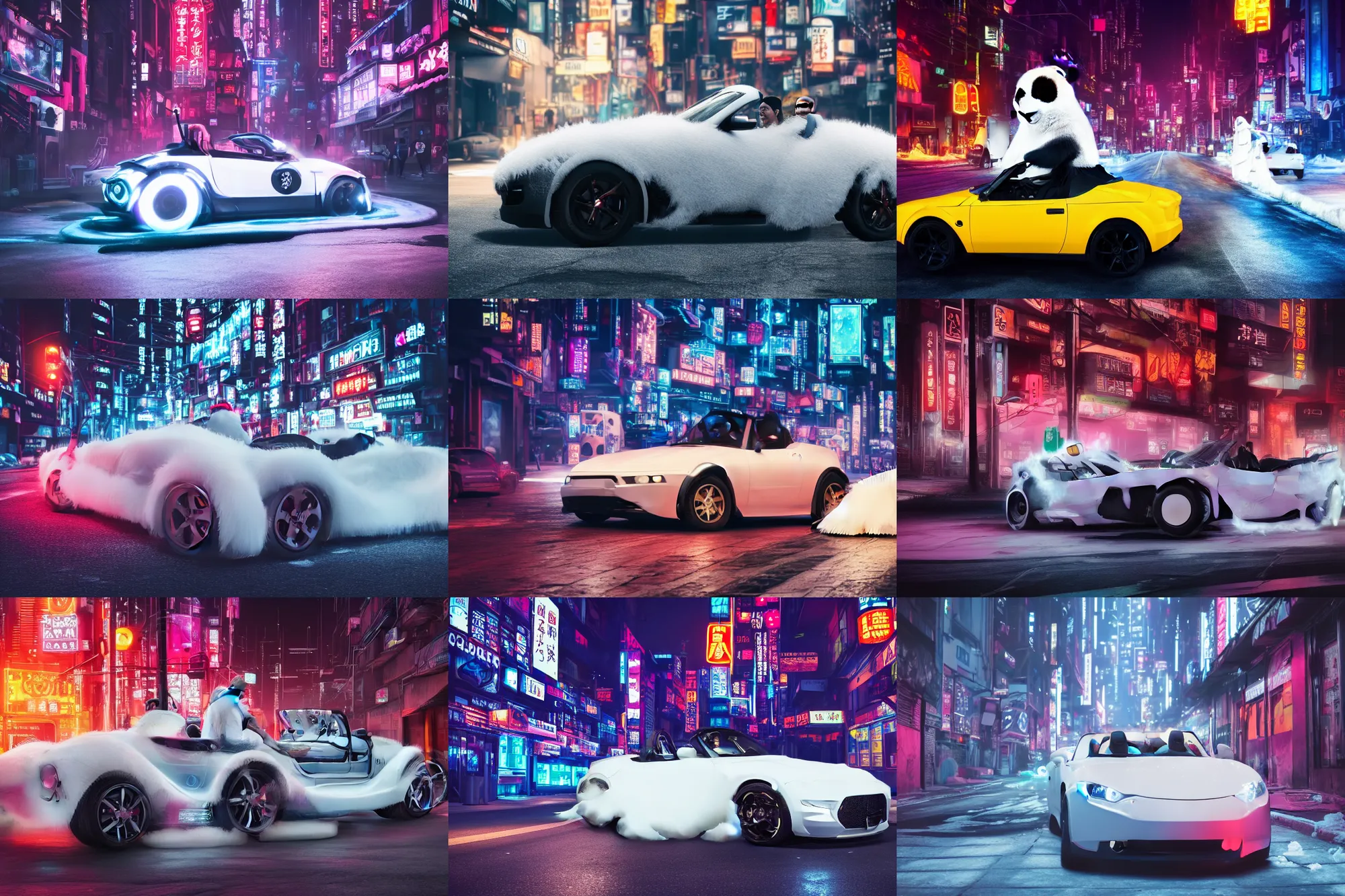 Prompt: a roadster covered with white fur in the street, panda driver, Cyberpunk, neon light, 4k, hd, highly detailed