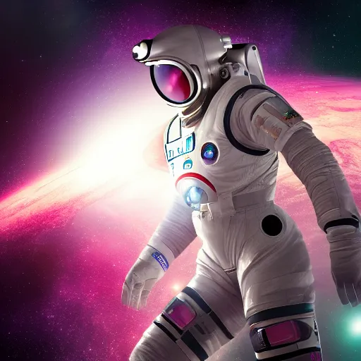 Prompt: a wide shot of a beautiful feminine woman in a spacesuit flying through space with galaxies in the back, epic lighting, digital art, vector art, trending on artstation, highly detailed, octane render