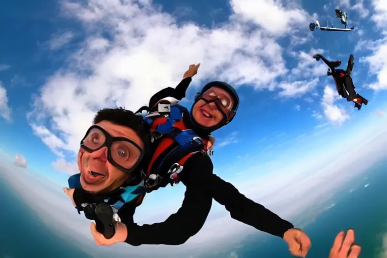 Prompt: GoPro selfie of Mr Bean skydiving, wide-angle, dramatic, motion blur