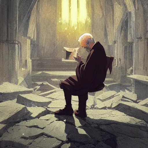 Image similar to a priest reading manga geog darrow greg rutkowski