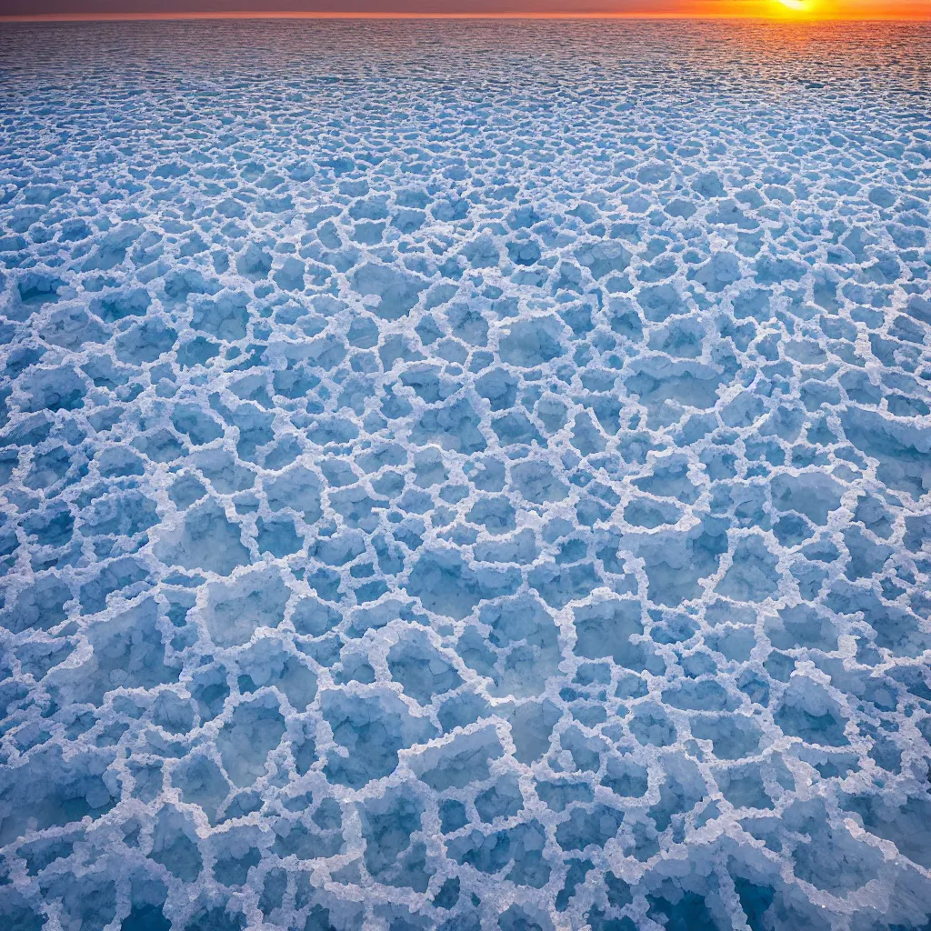 Prompt: large salt crystals formations at the dead sea, sunset, professional photo