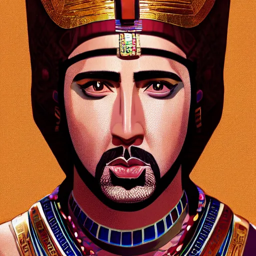 Prompt: a portrait of a beautiful Egyptian Nicolas Cage wearing ancient Egyptian fashion, desert background, rich vivid colors, ambient lighting, dynamic lighting, 4k, official media, anime key visual, makoto shinkai, ilya kuvshinov, lois van baarle, rossdraws, detailed, trending on artstation