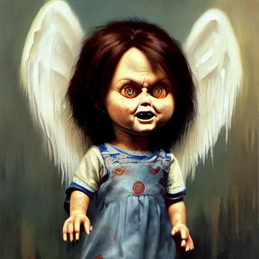 Prompt: the doll chucky as an accurate angel described in the old testament, oil painting, by greg rutkowski