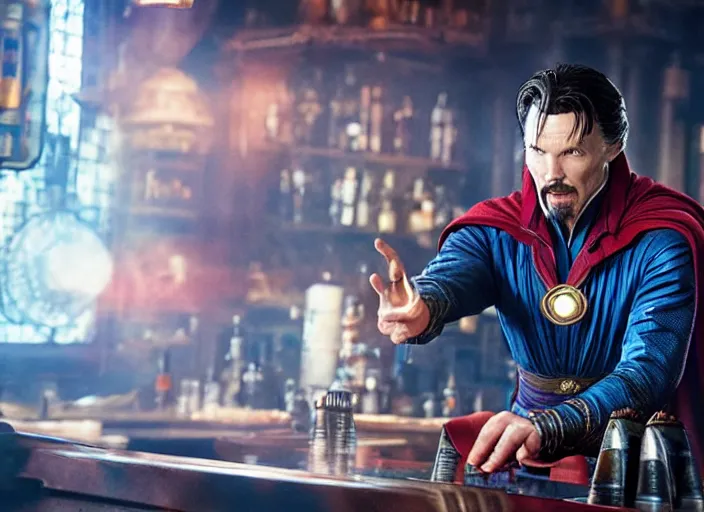 Prompt: film still of Doctor Strange working as a bartender in the new Avengers movie, 4k