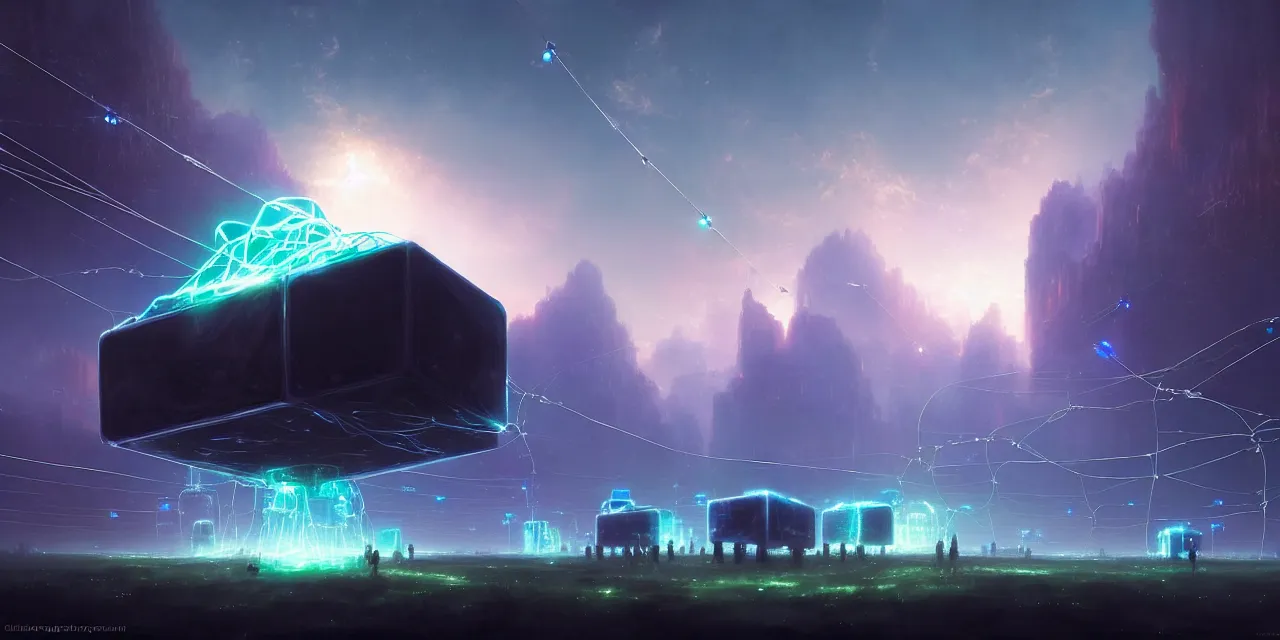Image similar to a fleet of giant glowing futuristic cubes tied to each other with lots of wires in the sky, thick messy wires, a fantasy magical landscape seen in the distance, atmospheric lighting, intricate, volumetric lighting, beautiful, sharp focus, ultra detailed, in the art style of marc simonetti, bowater charlie and brom gerald, astrophotography