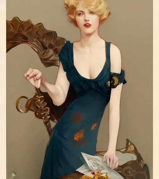 Image similar to Blonde girl in the roaring twenties wearing a dress, full-body shot, digital painting, smooth, elegant, hd, art by WLOP and Artgerm and Greg Rutkowski and Alphonse Mucha