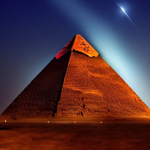 Image similar to big pyramid with blue glow lights and huge spaceship in sky, fog in background, cinematic looking, drama, scary