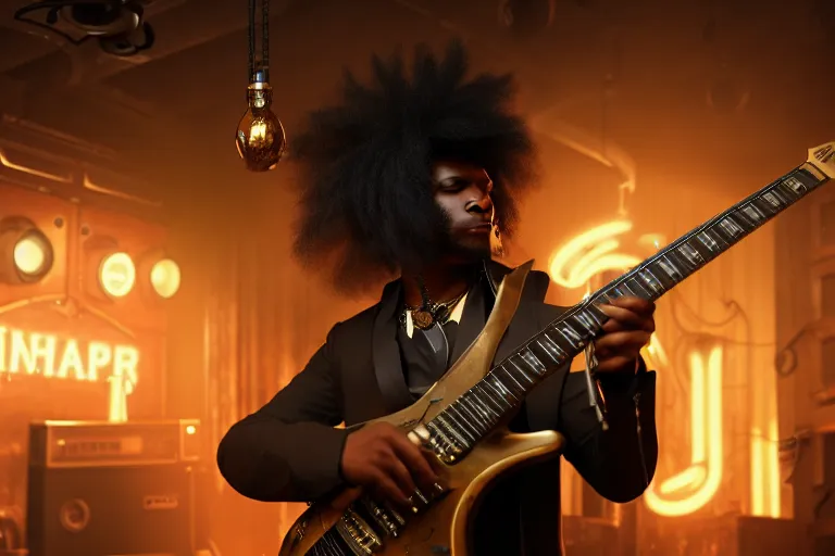 Image similar to a steampunk black man with long curly hair, playing electric guitar at a night club, focus on the musicians, cinematic lighting, exaggerated detailed, unreal engine, octane render, trending on artstation, art by greg rutkowski, 4 k