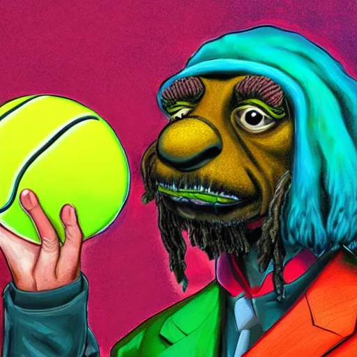 Image similar to a snoop dogg tennis ball monster, snoop dogg, colorful, digital art, fantasy, magic, chalk, trending on artstation, ultra detailed, professional illustration by basil gogos