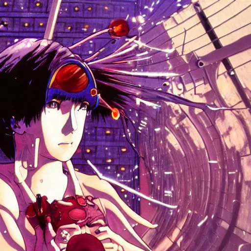 Image similar to anime of a punk cyborg woman, large knife,, water particles floating in the air, finely detailed facial features, weathered drawing, film grain, bright neon lighting, dark pastel colors, drawn by satoshi kon, katsuhiro otomo