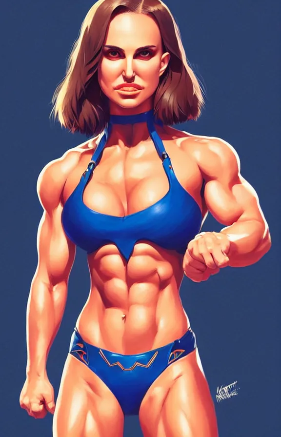Prompt: a still fullbody portrait of muscular natalie portman, bodybuilder superhero bikini, amazonian, finely detailed features, closeup at the faces, perfect art, standing in the street, trending on pixiv fanbox, by ilya kuvshinov, rossdraws, artgerm