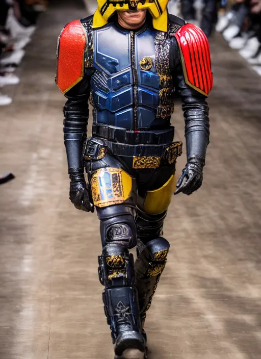 Image similar to hyperrealistic and heavy detailed versace runway show of judge dredd, leica sl 2 5 0 mm, vivid color, high quality, high textured, real life