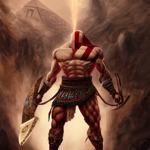 Image similar to kratos the god of war as an egyptian king by alex gray and android jones, karol bak, ayami kojima, amano, moebius, concept art, character design, fantasy, 3 d, 8 k resolution