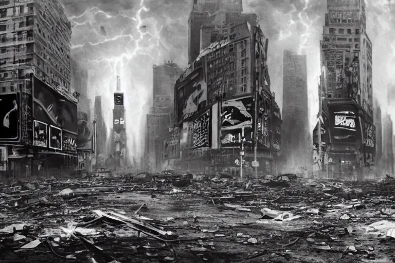 Image similar to photo of an destroyed times square after a nuclear attack, thunderstorm, desolate, 8 k, uhd, artstation, award winning