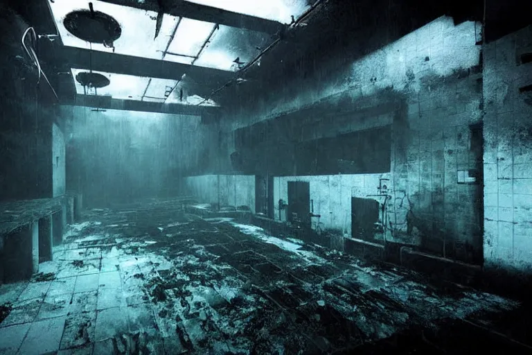 Image similar to underwater facility, sinister, dark, mysterious