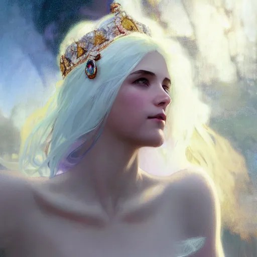 Image similar to a beautiful white haired young 🦍, adorned with precious stones, tiara and necklace by jeremy mann and alphonse mucha, photo realistic, dynamic lighting, windy, artstation, poster, dreamy, volumetric lighting, ethereal, 4 k, high detail