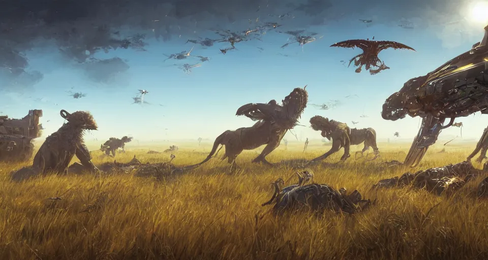 Prompt: distant cyberpunk wildlife fighting on the african plains, long grass, sparkling water, glistening, clear blue sky, midday sun, harsh light, mirage, hyper realistic, hyper detailed, digital art, trending in artstation, studio quality, photorealistic, photo, by jesper ejsing, wlop, paul lehr