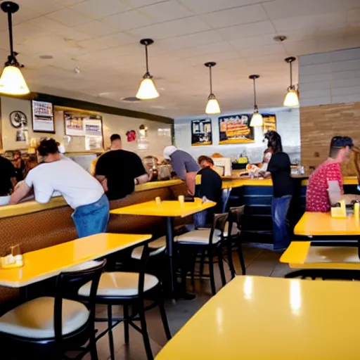 Image similar to busy wafflehouse interior with customers eating breakfast and wafflehouse employees serving food and cooking behind countertop