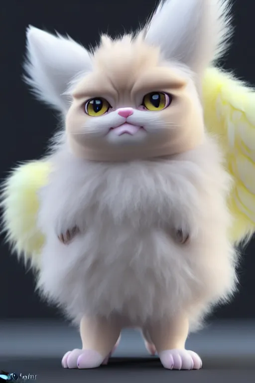 Image similar to high quality 3 d render hyperrealist very cute pastel fluffy! grumpy griffin cat hybrid with wings!, vray smooth, in the style of detective pikachu, hannah yata charlie immer, dramatic yellow light, low angle, uhd 8 k, sharp focus