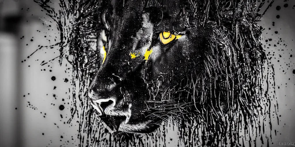 Image similar to the black lioness made of ferrofluid, in the zoo exhibit, viscous, sticky, full of black goo, covered with black goo, splattered black goo, dripping black goo, dripping goo, splattered goo, sticky black goo. photography, dslr, reflections, black goo, zoo, exhibit