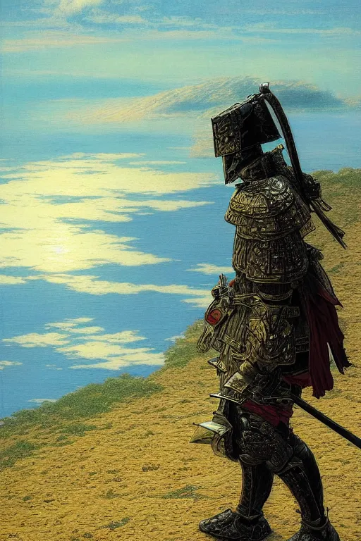 Prompt: a samurai in armour looking into the horizon on a cliff, golden hour, dramatic lighting, fluid, smooth, bright, colours, high contrast, sharpness, very detailed, intricate, by donato giancola, gustave dore and junji ito