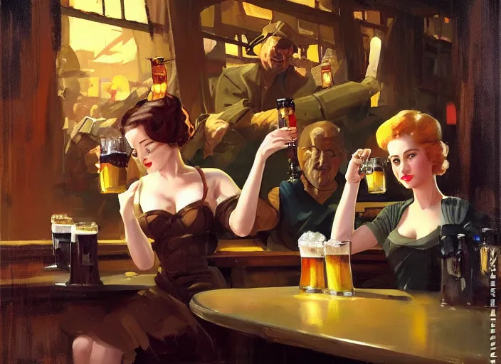 Prompt: greg manchess painting of a delicious mug of beer in a dieselpunk bar, medium shot, organic painting, matte painting, bold shapes, hard edges, street art, trending on artstation, by huang guangjian and gil elvgren and sachin teng