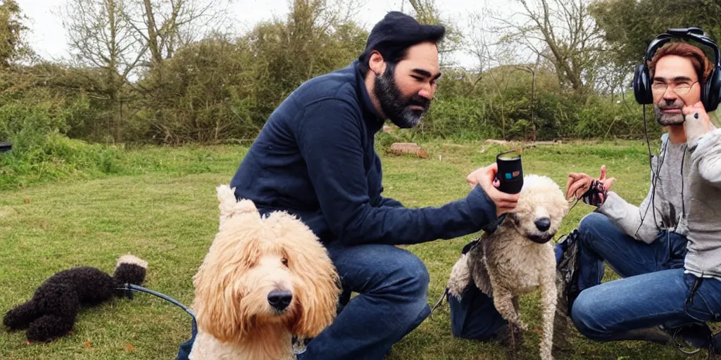 Prompt: adam buxton and his dog rosie recording a podcast, fields, walking, half whippet and half poodle, photorealistic