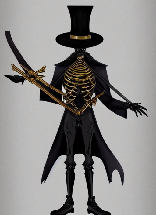 Image similar to DND character art, skeletal male figure, wearing a deep black suit!!! and tie and top hat, holding a gold! cane!. blue!!! flames!!