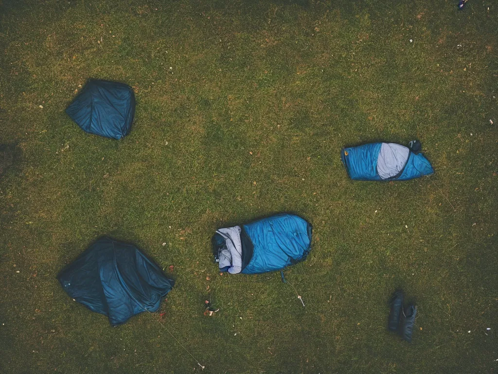 Image similar to a man is camping in the woods, it is night and there is a small campfire next to his sleeping bag, his horse stands tethered nearby, we view this from above from a birds eye perspective, cinematic lighting