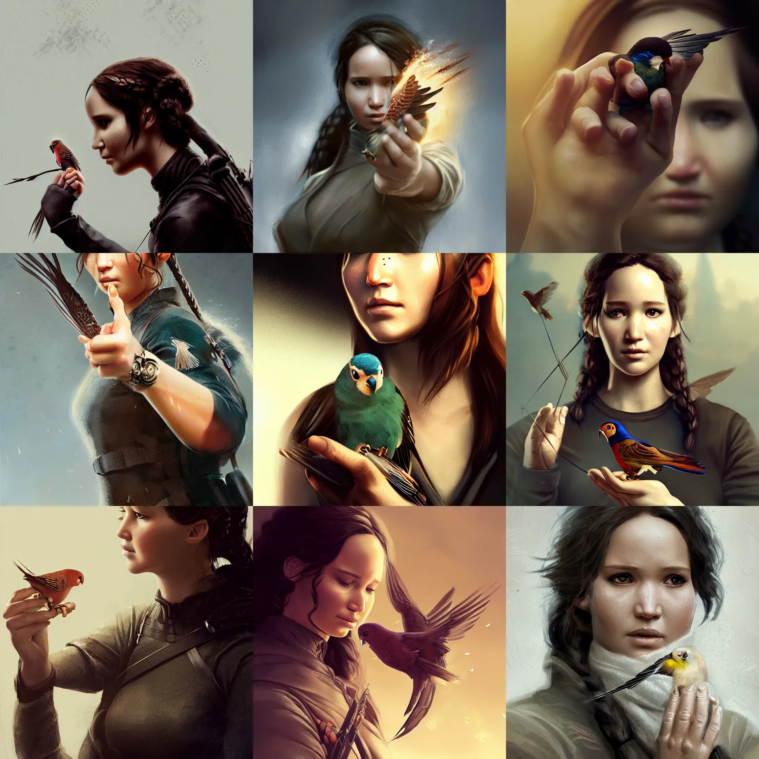 Prompt: Katniss Everdeen holding a parakeet in her handpalm, closeup of hand, digital portrait by Greg Rutkowski, intricate, sharp focus, cinematic, epic, artstation