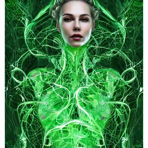 Image similar to a highly detailed digital image of a shattering futuristic woman elegantly tangled in green leafy vines, matte white background by Andrew Chiampo, artstation, and Frederik Heyman, extremely detailed woman, stunning volumetric lighting, hyper realism, fantasy 4k