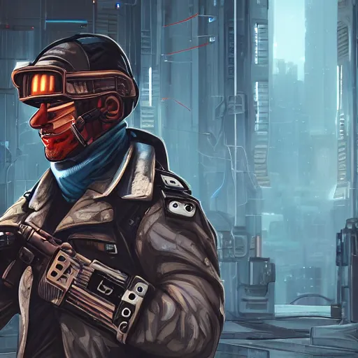 Prompt: a cyberpunk soldier, centered, retrofuturism