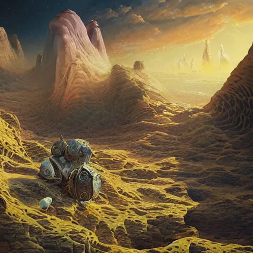 Prompt: A fresco painting of a nomadic wanderer traversing a corrupted futuristic crystal desert, intricate landscape, by Jacek Yurka, Kelly Freas, Filip Hodas, Paul Lehr