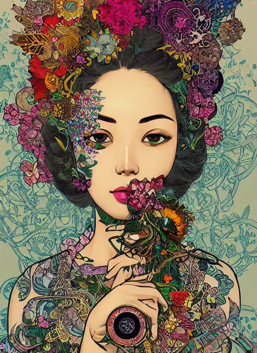 Prompt: !!! very coherent!!! beautiful floralpunk balinese cyborg portrait girl female illustration detailed patterns art of bali traditional dress, flower pop art, floral splash painting, art by geof darrow, ashley wood, alphonse mucha, makoto shinkai, dark shadow, colorful high contrast