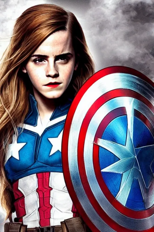 Image similar to emma watson as captain america, hyper realistic