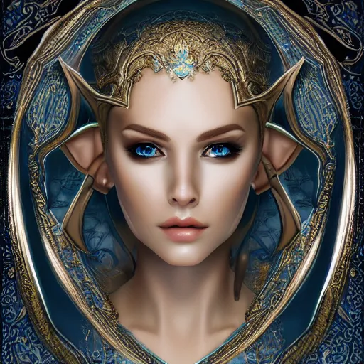 Prompt: High Elf portrait, hyperrealistic digital art, overcast lighting, extremely detailed, sharp focus, intricate ornamentation, by Sarent