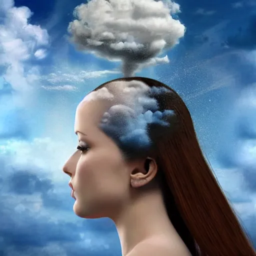 Image similar to a woman's head with clouds in the background, an airbrush painting by igor morski, behance contest winner, fantasy art, daz 3 d, behance hd, airbrush art