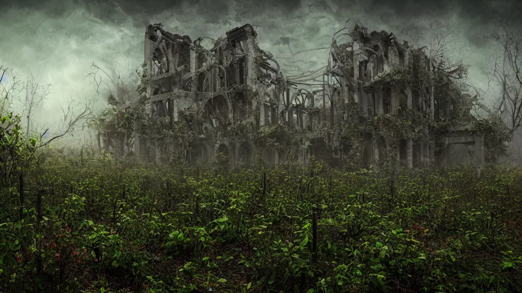 Image similar to an apocalyptic ruins, flowery, vines, foggy, eerie, scary, digital art