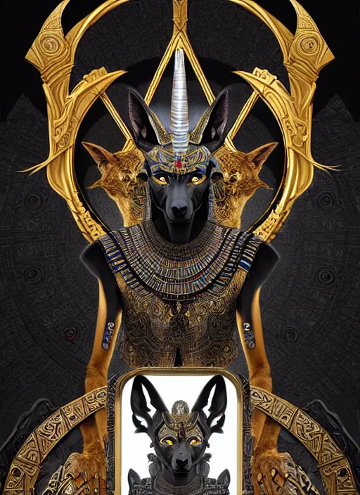 Image similar to angry god anubis, growling jackal with egyptian headdress and nemes, ornate art nouveau marble throne room, black and silver palette, symmetrical background, fantasy, intricate, elegant, highly detailed, colorful, dark colors, dramatic shadow, digital painting, artstation, concept art, art by artgerm and greg rutkowski and ruan jia,