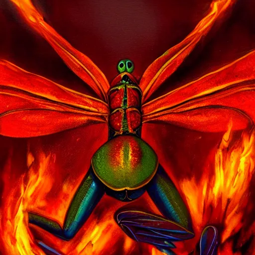 Prompt: giant red frog with giant dragonfly wings flying over a city in flames, photorealism, oil paint, renaissance, 8 k, high detail whide shot