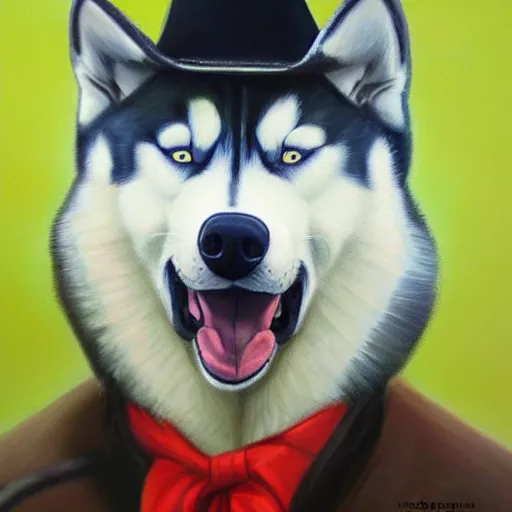 Prompt: a portrait painting of a husky in cowboy costume, wearing a cowboy hat, character design, trending on artstation